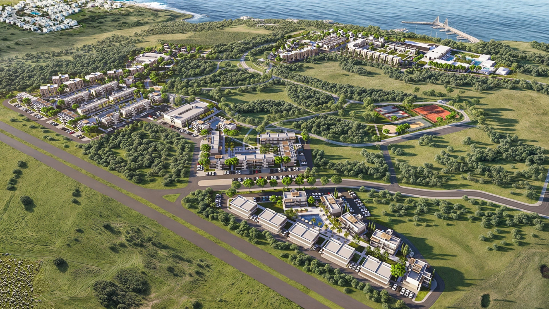 Aerial view focusing on the residential blocks, road network, and green spaces within La Casalia.