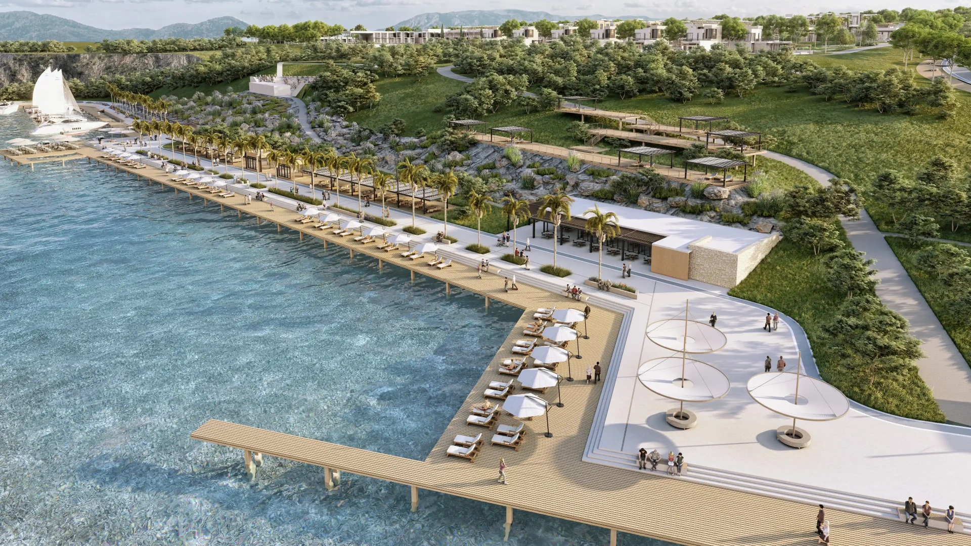 Elevated view of the expansive pier and waterfront promenade with azure waters.